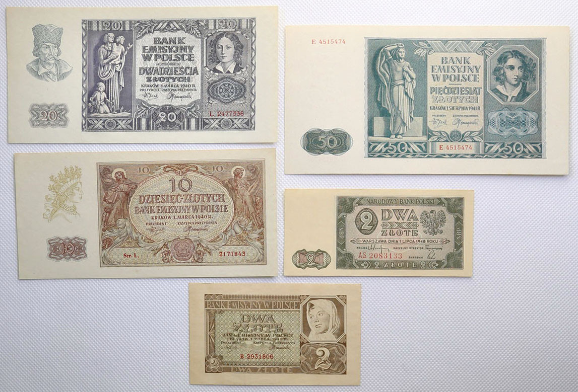 Polska zestaw pięciu banknotów 2 złote, 10 złotych, 20 złotych, 50 złotych 1940-1948